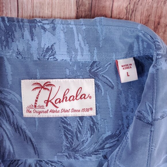 Kahala Mens Large Blue Aloha Hawaiian Palm Tree Island Scenic SS Camp Shirt - Picture 8 of 13